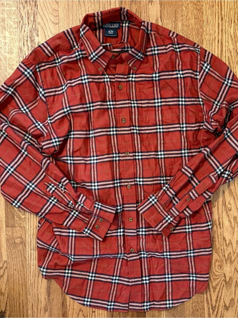 Lands' End Vintage Men's Red Plaid Button-Down Flannel Shirt, Collectable, Rare